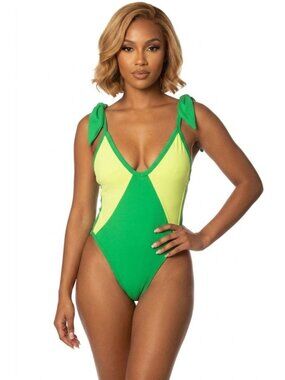 NWOT Solstice Intimates Grasshopper Deep V One Piece Swimsuit XL Lime Green Ties